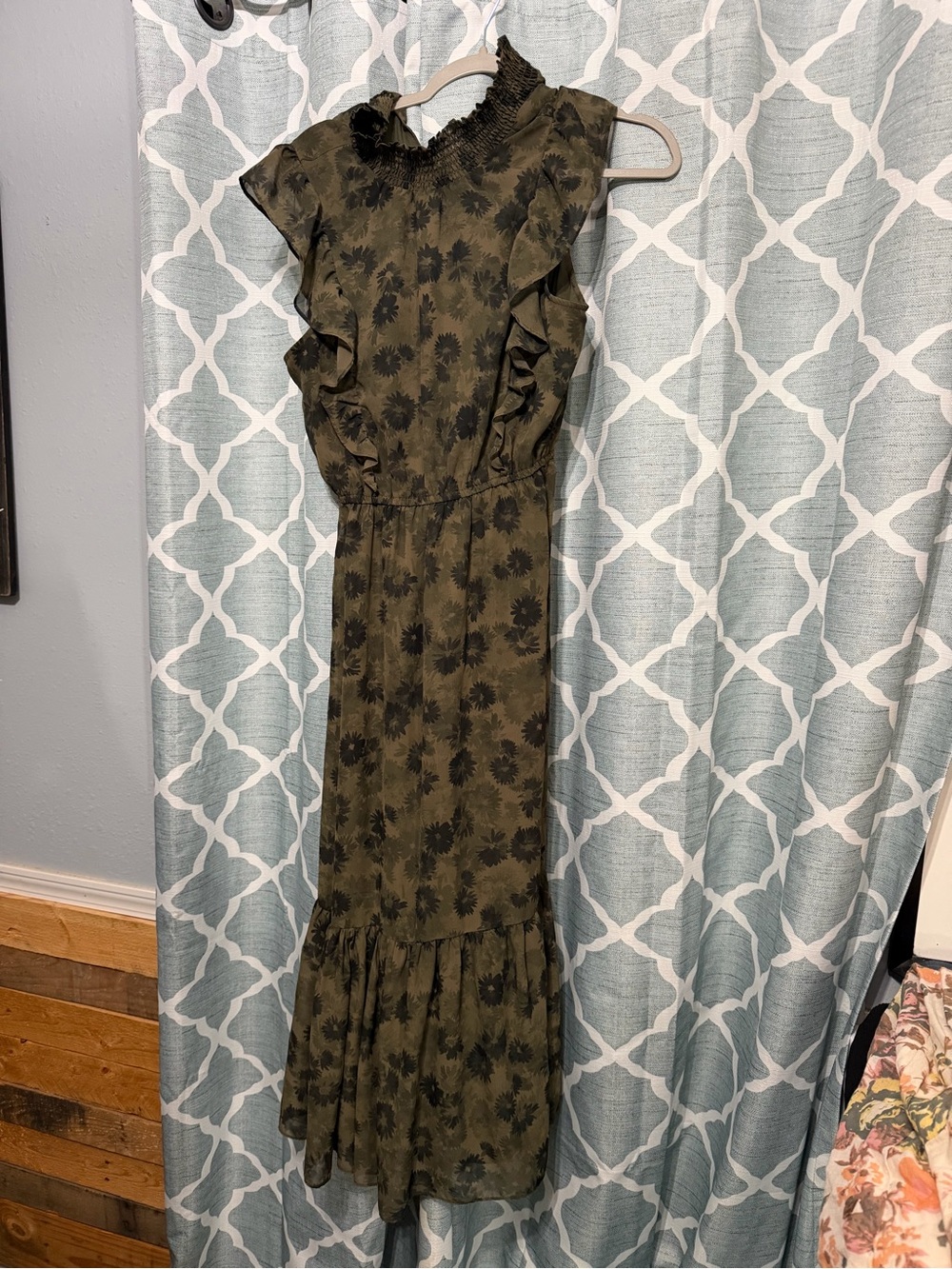Steve Madden Olive & Black Floral Ruffle Maxi Dress